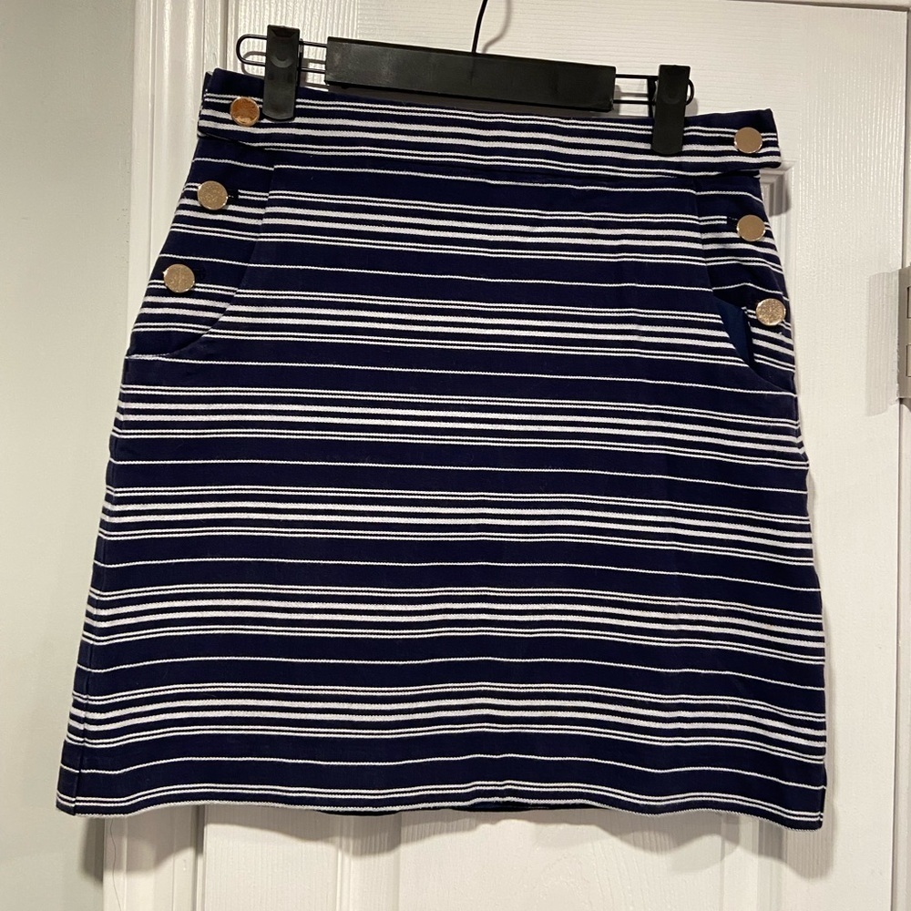 Loft Size 4 Navy Blue White Sailor Stripe Gold Button Cotton Stretch Mini Skirt